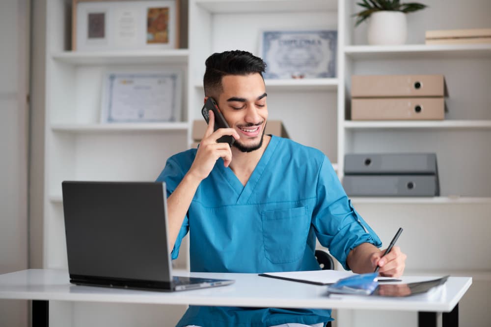 Healthcare professional using digital interface with medical icons
