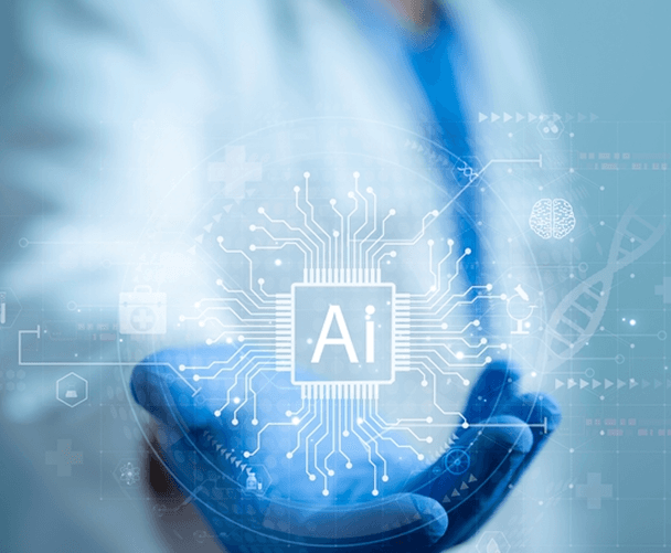 Healthcare professional using digital interface with medical icons